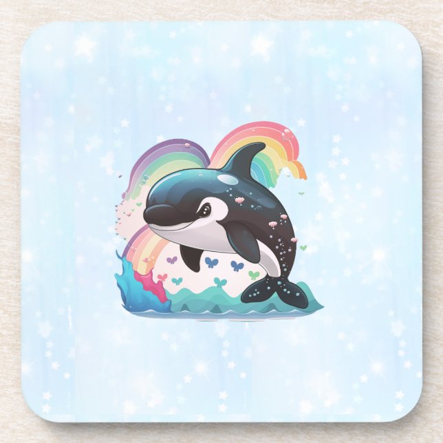 Cute Kawaii Orca Killer Whale Rainbows Butterflies Beverage Coaster (Front)