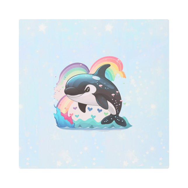 Cute Kawaii Orca Killer Whale Rainbows Butterflies Metal Print (Front)