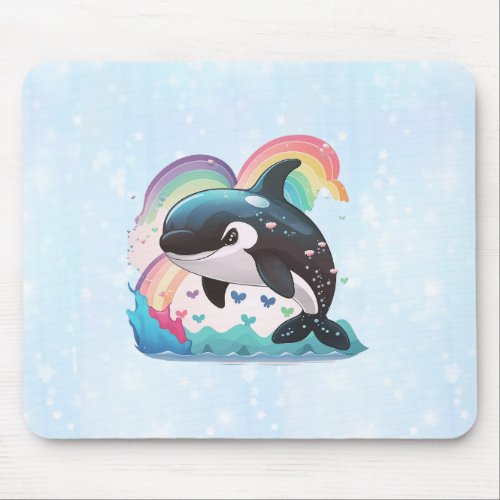 Cute Kawaii Orca Killer Whale Rainbows Butterflies Mouse Pad