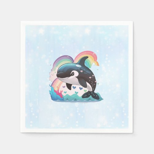 Cute Kawaii Orca Killer Whale Rainbows Butterflies Napkins