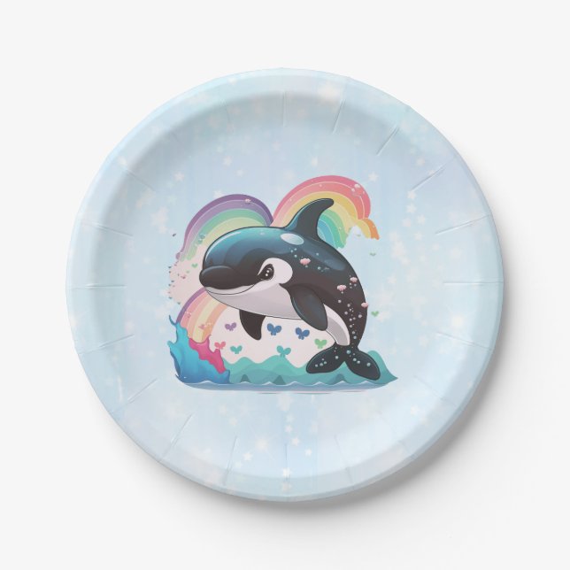 Cute Kawaii Orca Killer Whale Rainbows Butterflies Paper Plates (Front)