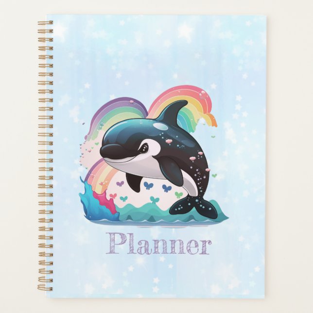 Cute Kawaii Orca Killer Whale Rainbows Butterflies Planner (Front)