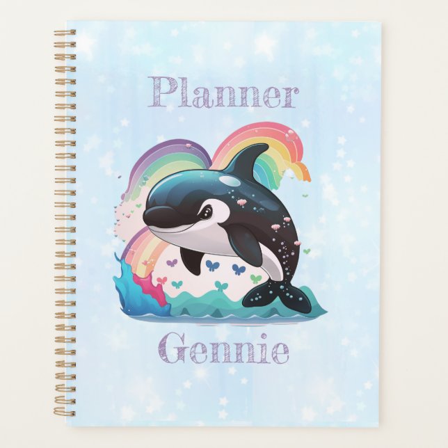 Cute Kawaii Orca Killer Whale Rainbows Butterflies Planner (Front)