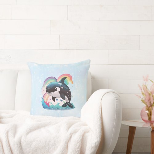 Cute Kawaii Orca Killer Whale Rainbows Butterflies Throw Pillow