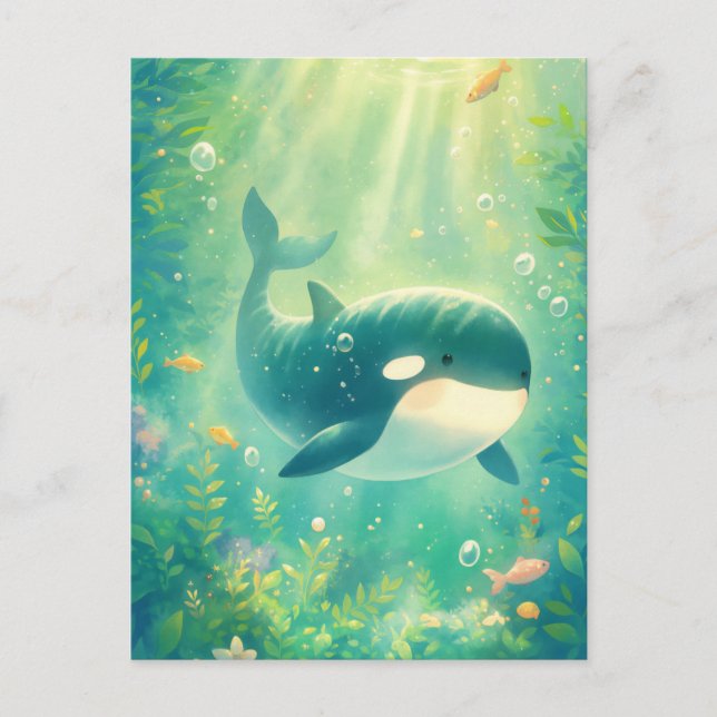 Cute Kawaii Orca Sunlit Ocean Postcard (Front)
