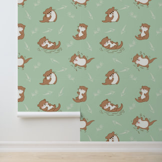 Cute Kawaii Otter Seamless Pattern on Sage Green Wallpaper