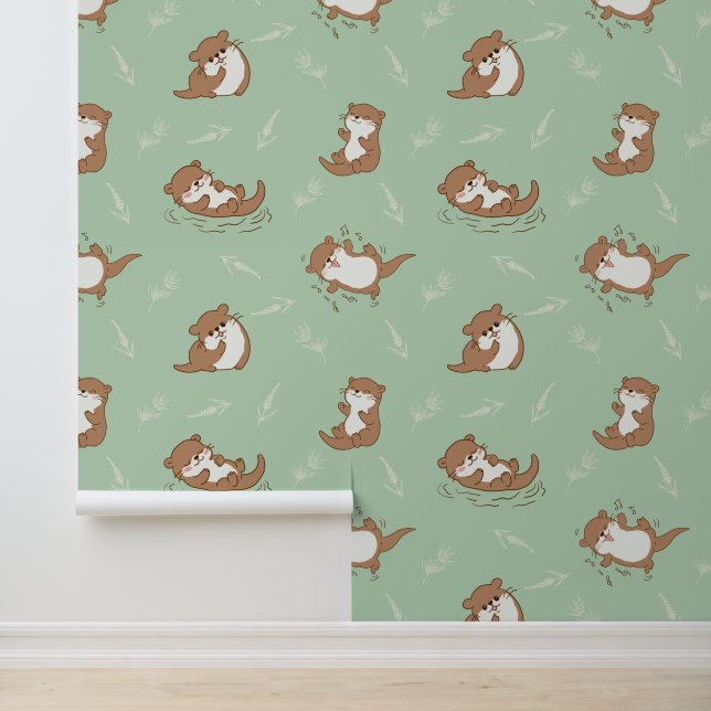 Cute Kawaii Otter Seamless Pattern on Sage Green Wallpaper (Application)