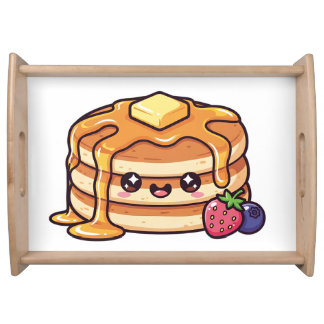Cute Kawaii Pancake Stack with Syrup and Berries Serving Tray