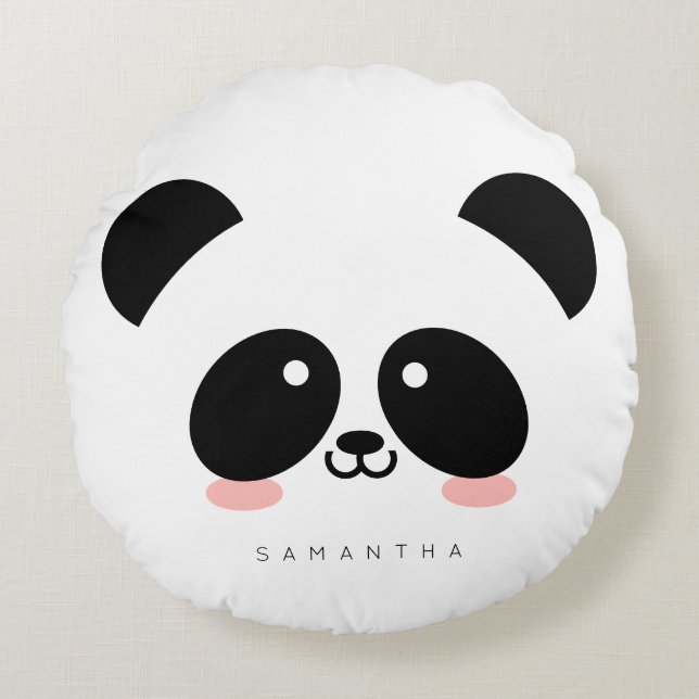 Cute Kawaii Panda | Add Your Name Round Pillow (Front)