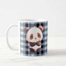 Cute Kawaii Panda Bear Blue Buffalo Plaid