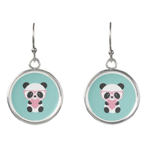 Cute Kawaii Panda Bear Pink Heart Earrings