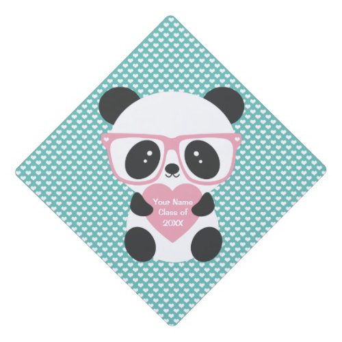 Cute Kawaii Panda Bear Pink Heart  Graduation Cap Topper