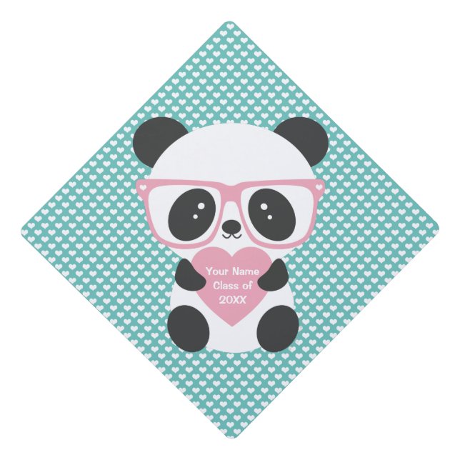 Cute Kawaii Panda Bear Pink Heart  Graduation Cap Topper (Front)