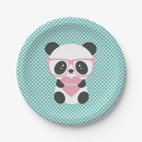 Cute Kawaii Panda Bear Pink Heart Paper Plates