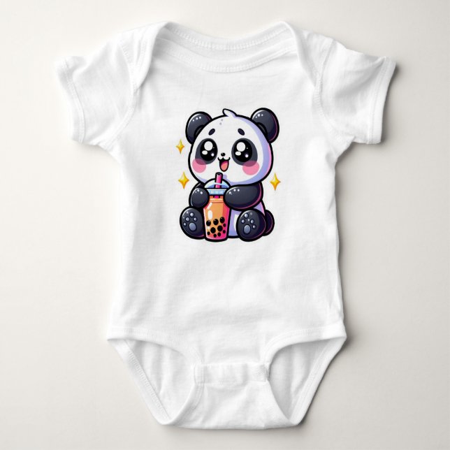 Cute Kawaii Panda Drinks Boba Bubble Tea Kawaii Baby Bodysuit (Front)
