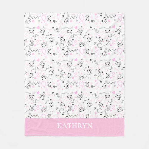 cute kawaii panda pink gray hearts Baby Girl Fleece Blanket