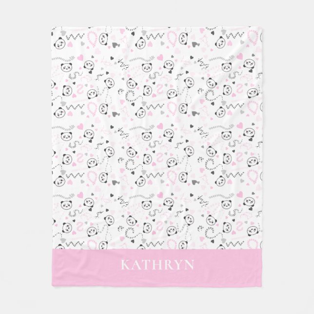 cute kawaii panda pink gray hearts Baby Girl Fleece Blanket (Front)