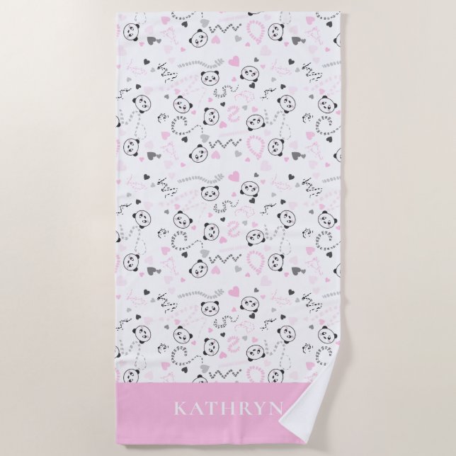 Cute Kawaii Panda Pink Gray Hearts Personalized Beach Towel (Front)