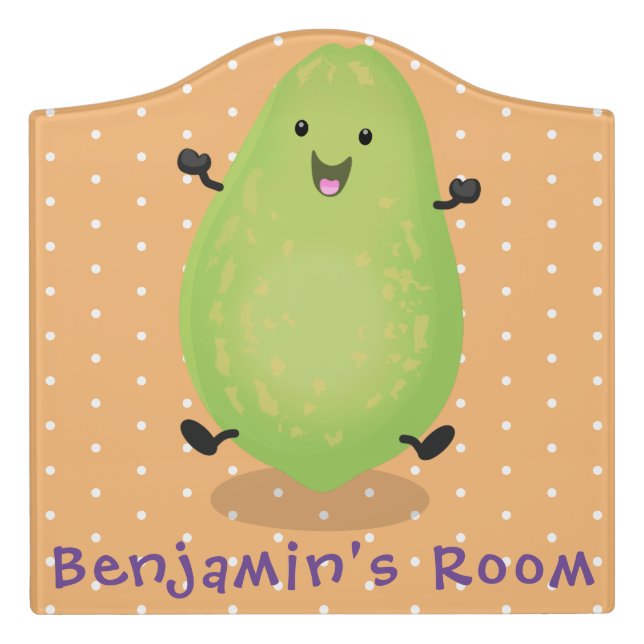 Cute kawaii papaya paw paw cartoon illustration door sign (Large Crest Front)