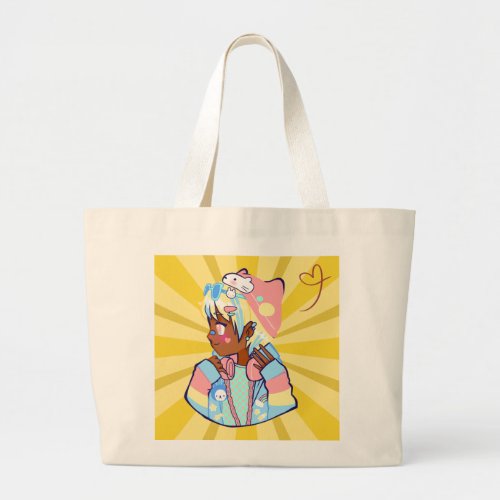 Cute Kawaii Pastel Anime Girl with Cozy Hoodie Large Tote Bag