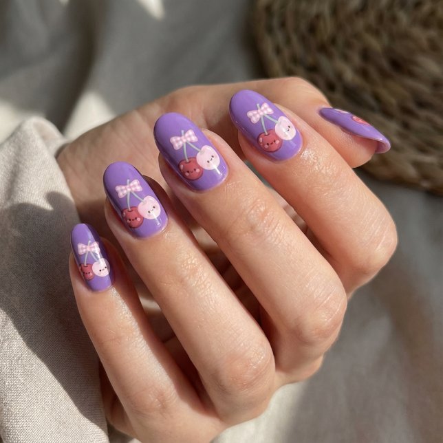 Cute Kawaii Pastel Cherries on Purple Press Minx Nail Art (Creator Uploaded)