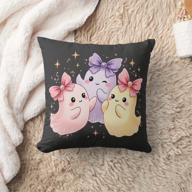 Cute Kawaii Pastel Ghosts with Sparkly Bows Throw Pillow (Blanket)