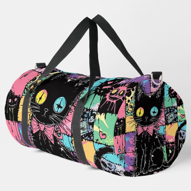 Cute Kawaii Pastel Goth Patchwork Creepy Cat Duffle Bag (Left Corner)
