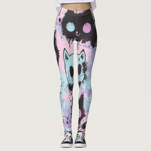 Cute Kawaii Pastel Goth Patchwork Creepy Cat Leggings (Front)