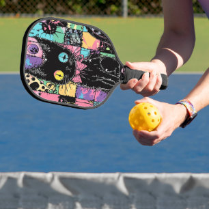 Cute Kawaii Pastel Goth Patchwork Creepy Cat Pickleball Paddle