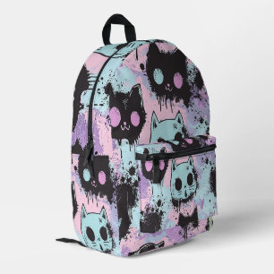 Cute Kawaii Pastel Goth Patchwork Creepy Cat Printed Backpack