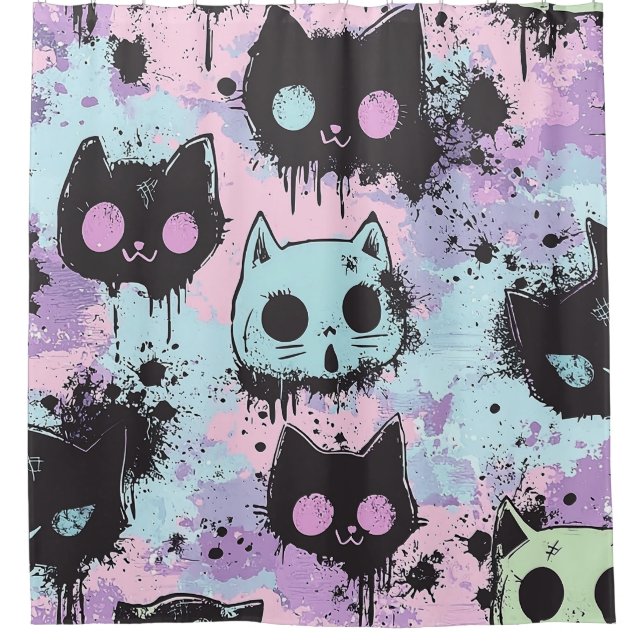 Cute Kawaii Pastel Goth Patchwork Creepy Cat Shower Curtain (Front)