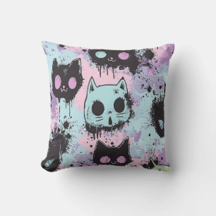 Cute Kawaii Pastel Goth Patchwork Creepy Cat Throw Pillow