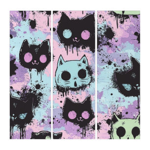 Cute Kawaii Pastel Goth Patchwork Creepy Cat Triptych