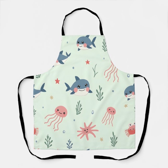 Cute Kawaii Pastel Ocean Animals Pattern Apron (Front)