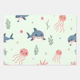 Cute Kawaii Pastel Ocean Animals Wrapping Paper Sheets