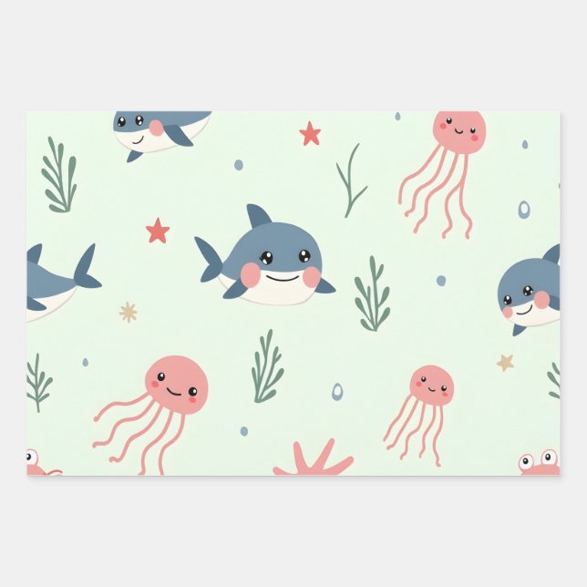 Cute Kawaii Pastel Ocean Animals Wrapping Paper Sheets (Front)