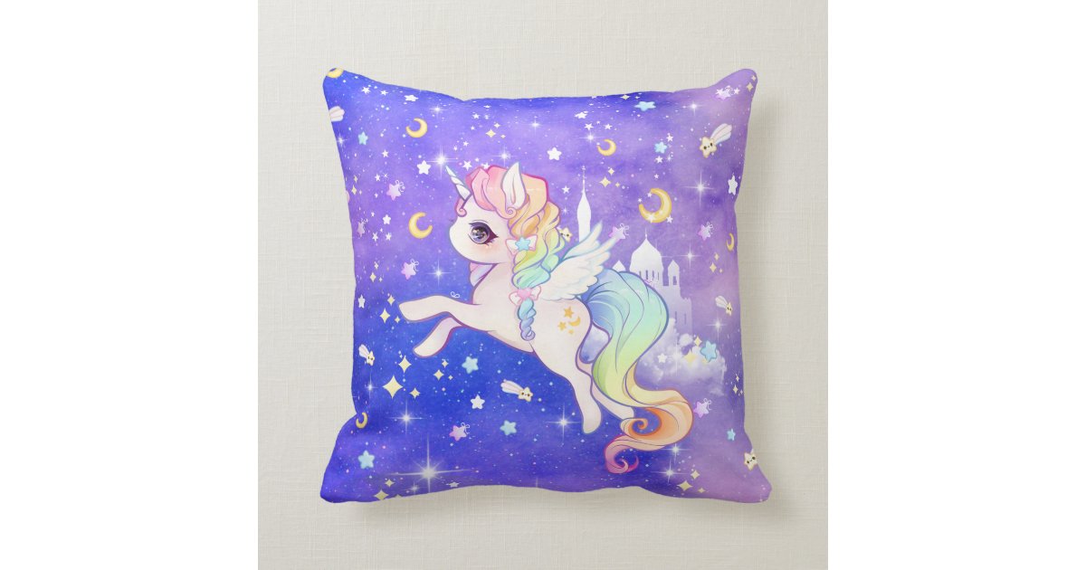 Cute Kawaii Pastel Unicorn With Moons And Stars Throw Pillow