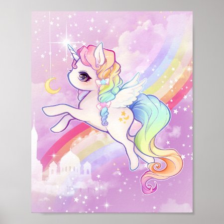 Cute Kawaii Pastel Unicorn With Rainbow And Castle Poster