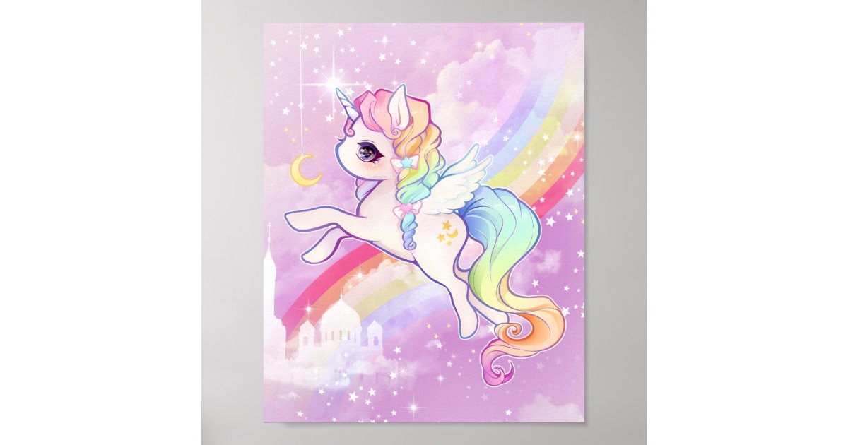 Cute Kawaii Pastel Unicorn With Rainbow And Castle Poster Zazzle Com