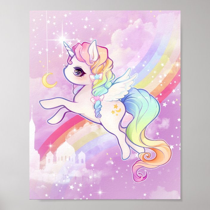 Cute Kawaii Pastel Unicorn With Rainbow And Castle Poster Zazzle Com