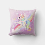 Cute Kawaii Pastel Unicorn With Rainbow And Castle Throw Pillow at Zazzle