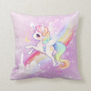 Cute kawaii pastel unicorn with rainbow and castle throw pillow