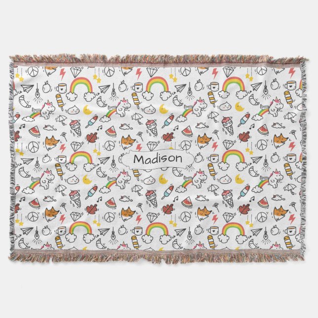 Cute Kawaii Pattern custom name throw blanket (Front)