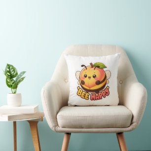 Cute Kawaii Peach Bee Happy Funny Pun Throw Pillow