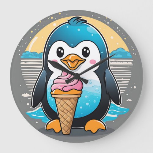 Cute Kawaii Penguin Ice Cream Beach Large Clock