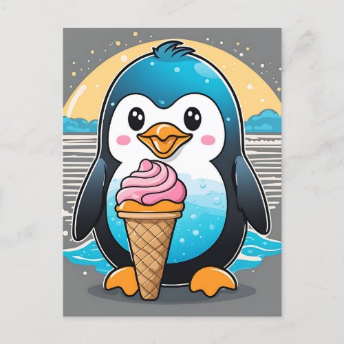 Cute Kawaii Penguin Ice Cream Beach Postcard
