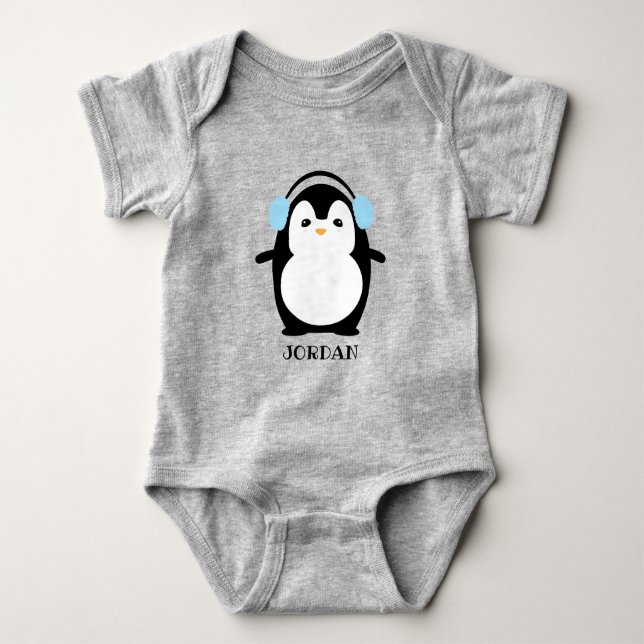Cute Kawaii Penguin Illustration Personalized baby Bodysuit (Front)