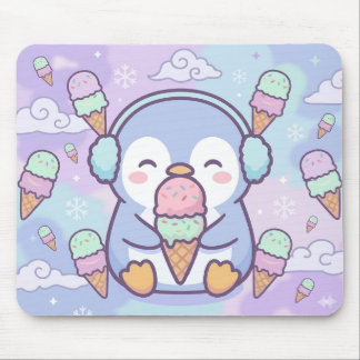 Cute Kawaii Penguin with Ice Cream Mouse Pad