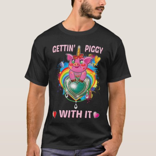 Cute Kawaii Pig Getting Piggy With It Unicorn T_Shirt