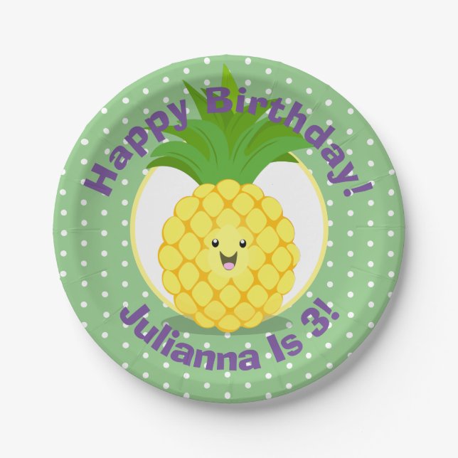 Cute kawaii pineapple cartoon illustration paper plates (Front)
